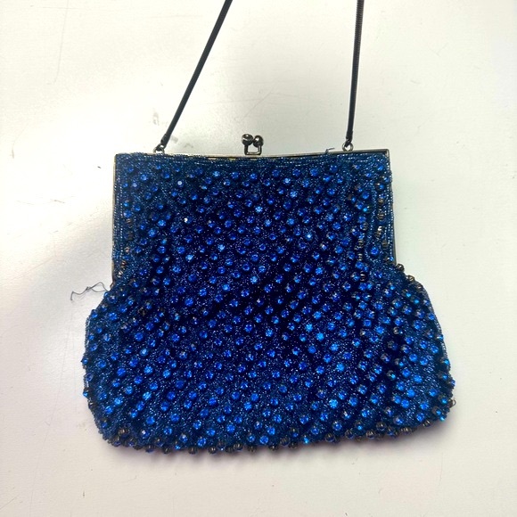 Walborg Vintage Gorgeous Blue Jeweled Silk Satin Liner Kiss Closure Clutch Purse - Picture 4 of 15